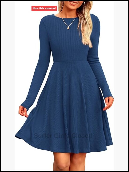 Dresses & Skirts - Ribbed Knit A-Line Mini Dress Long Sleeve Crewneck Flowy Casual